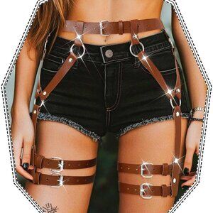 Maeaccx Brown Leather Harness Leg Garter Belts Punk Waist Rave Body Chain for Wo